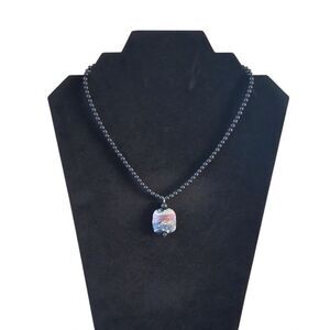 Black Beaded Multicolored Square Polymer Clay Pendant Single Strand Necklace